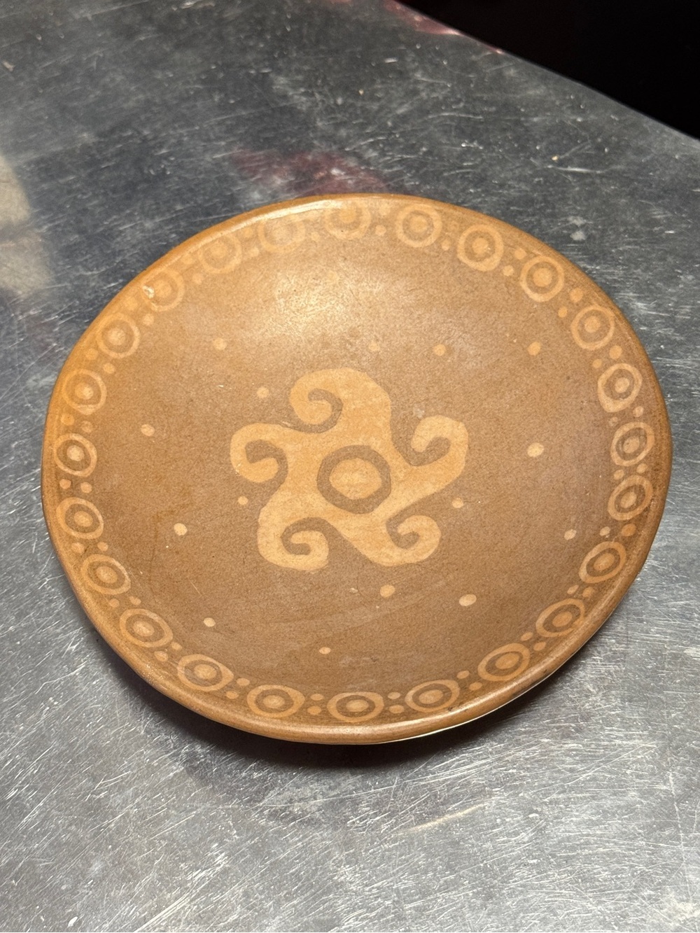 Vintage Stoneware Plate Matte Tan Glaze Swirl and Circle Design